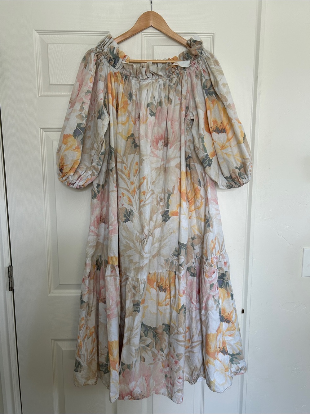 Floral Puff Sleeve Midi Dress - Soft Pastel Bloom